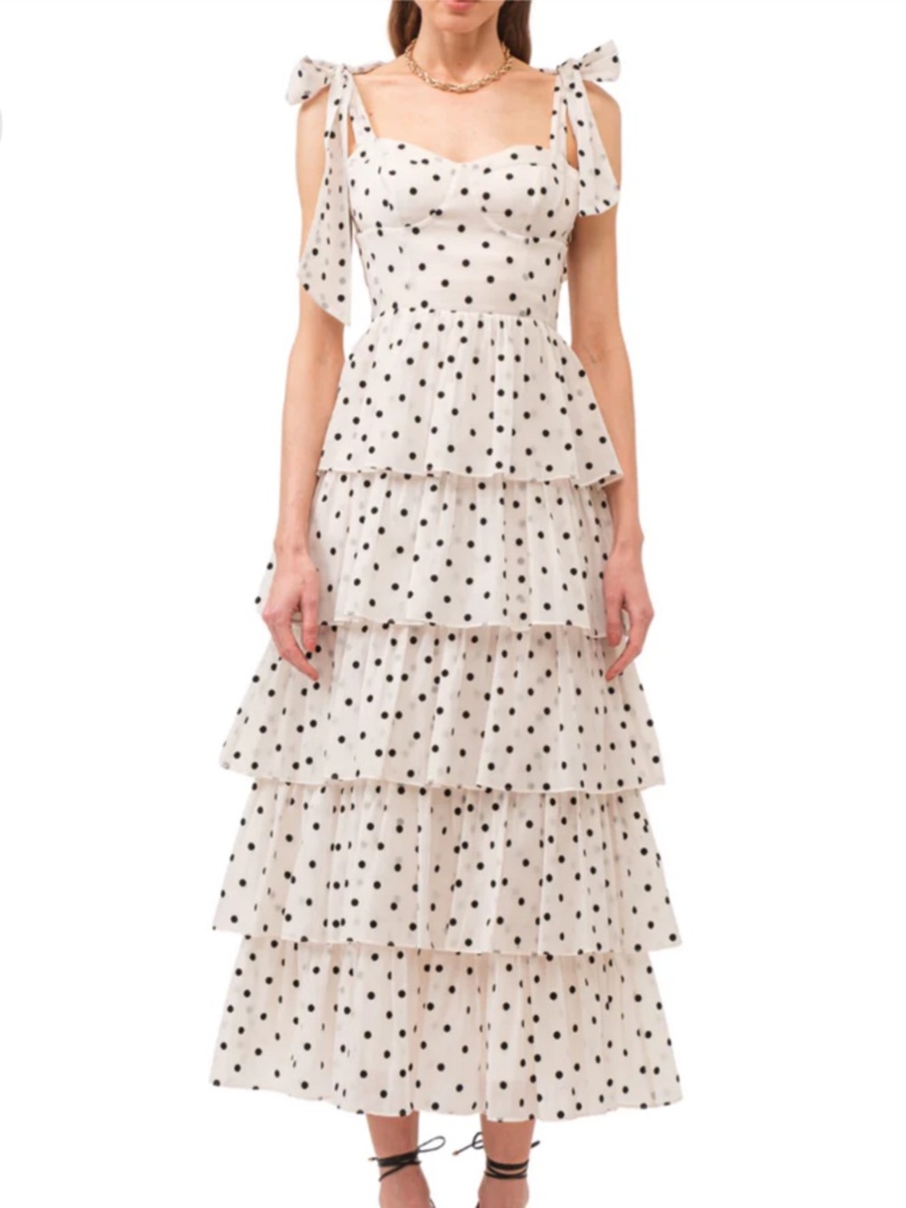 Sofie the Label - Cream/Black Polka Dot Tiered Midi Dress with BowTie Straps szM - Picture 2 of 7
